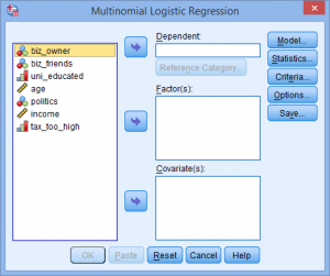 Multinomial Logistic Regression dialogue box opens